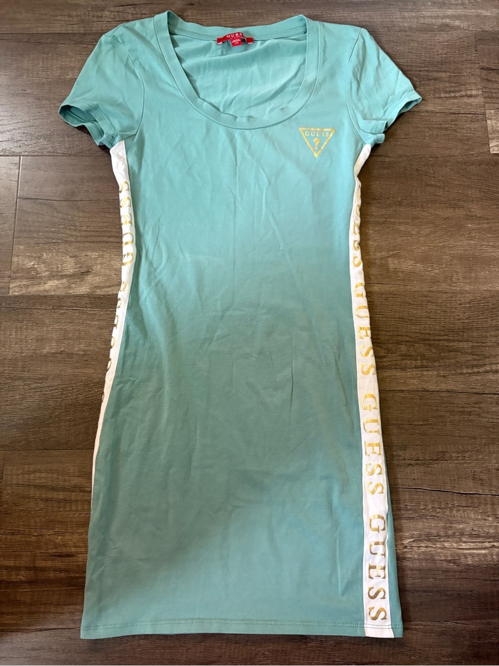 Y2K GUESS Mint Green Logo Tee Dress with White Side Panels